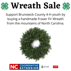 Support Brunswick county 4-H youth by buying a handmade Fraser Fir wreath from the mountains of North Carolina. Wreath. NC Cooperative Extension logo.