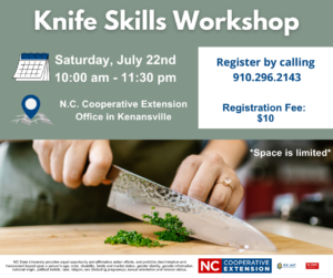 Knife Skills Workshop flyer. image of hands holding knife using pinch grip. Details of workshop included in text below.
