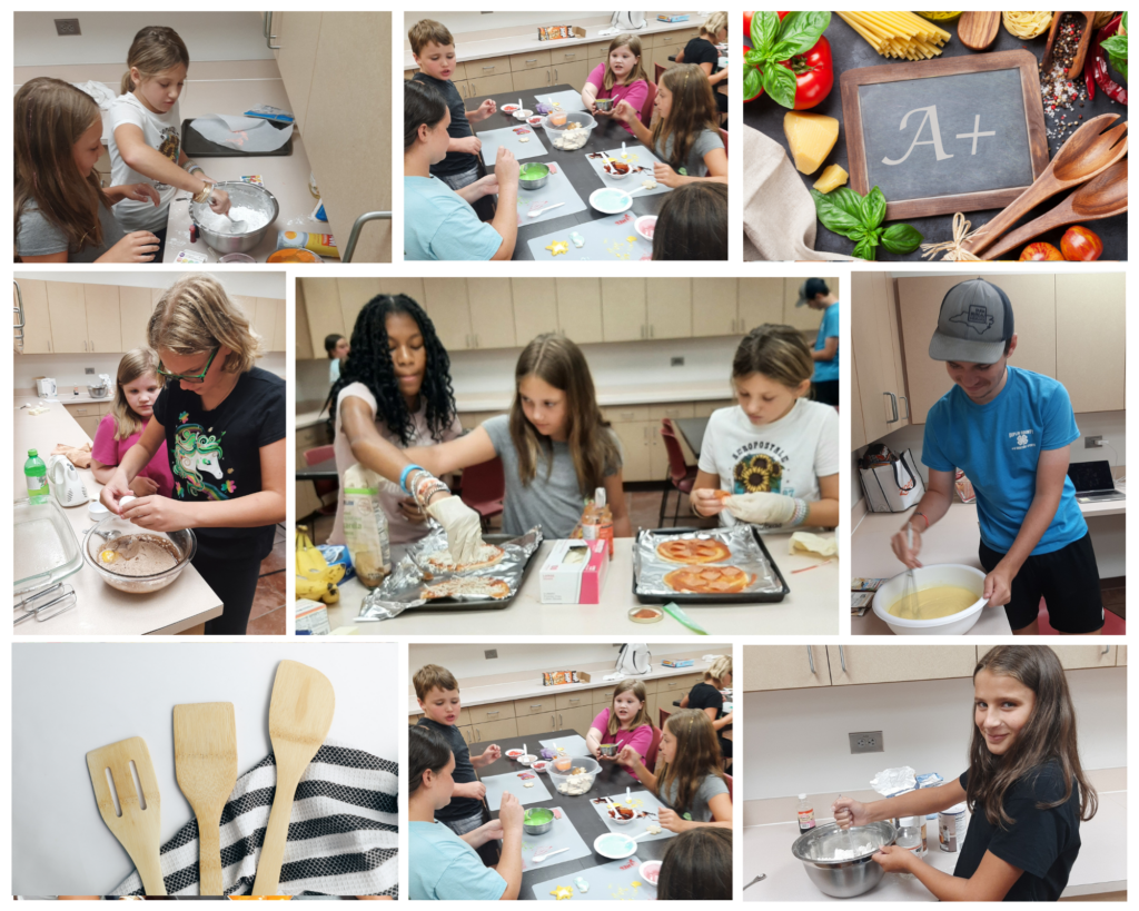 A collage of images showing children learning to bake.