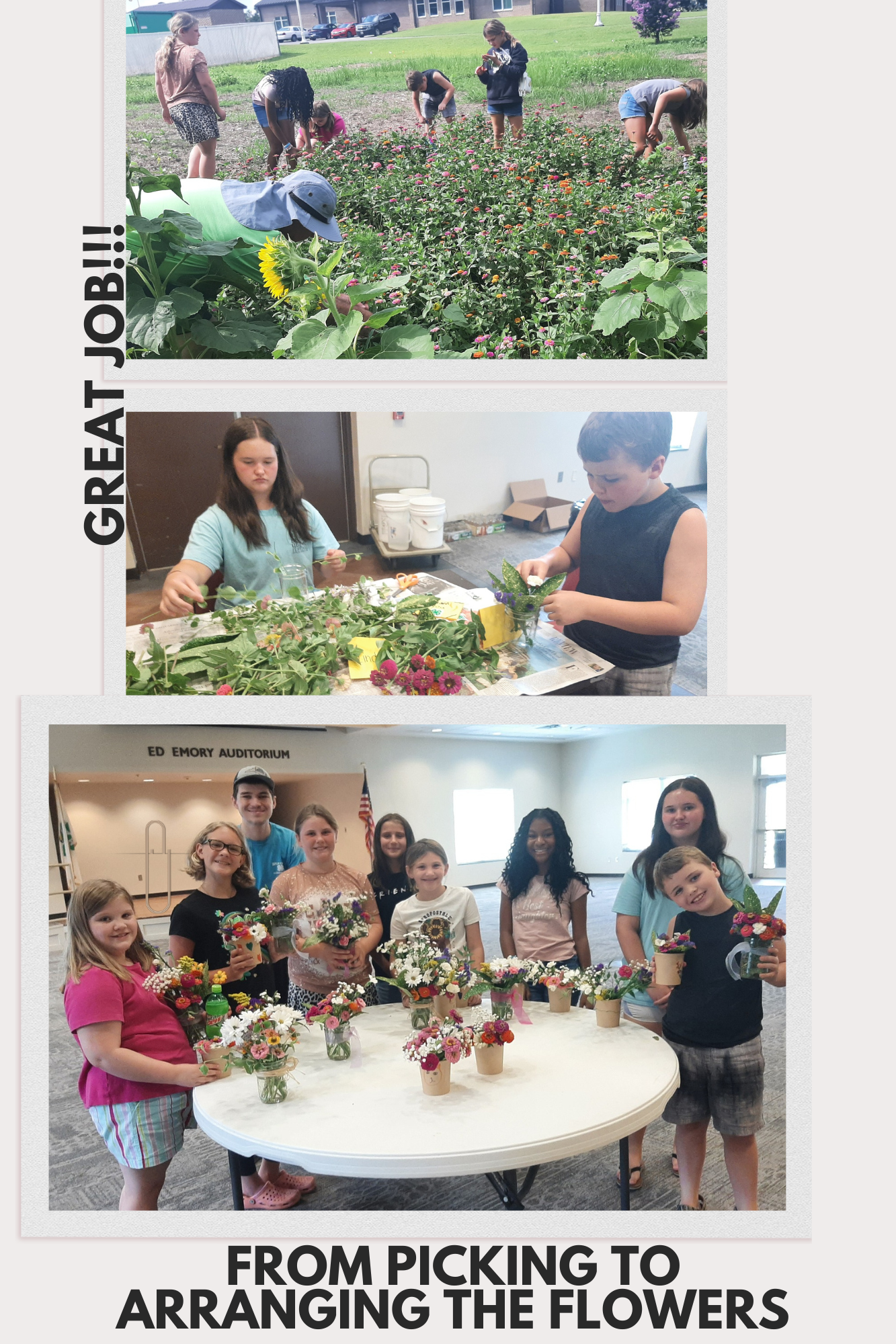 Groups of children picking flowers and arranging them in vases.