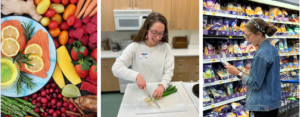 3 images side by side. The first is food depicting a mediterranean style of eating including salmon, fresh fruits, and vegetables. The second is FCS agent Rachel Ezzell holding a knife and chopping green onions. The final image is FCS agent Rachel Ezzell holding a food item in the grocery store.