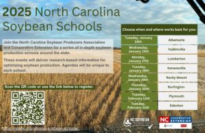 2025 North Carolina Soybean Schools. Join the North Carolina soybean producers association and cooperative extension for a series of in-depth soybean production schools around the state. These events will deliver research-based information for optimizing soybean production. Agendas will be unique to each school.