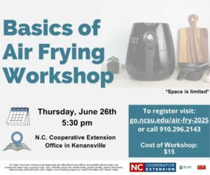 basics of air frying workshop thursday, june 26th, nc. cooperative extension office in kenansville, with image of air fryer